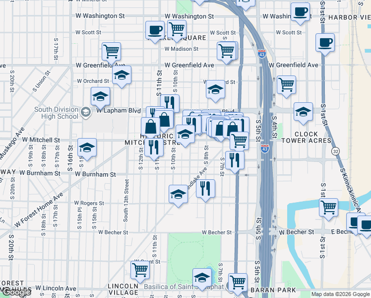 map of restaurants, bars, coffee shops, grocery stores, and more near 837 West Maple Street in Milwaukee