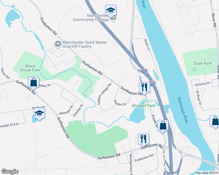 map of restaurants, bars, coffee shops, grocery stores, and more near 36 English Village Road in Manchester