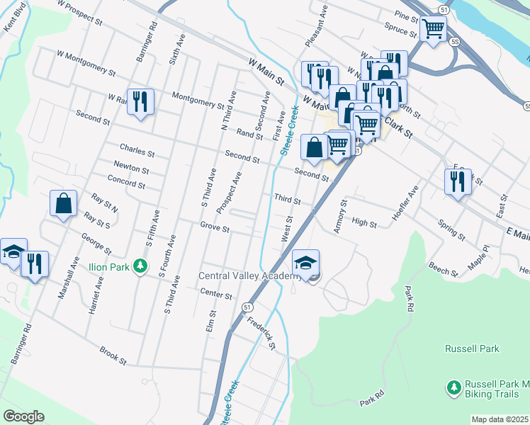 map of restaurants, bars, coffee shops, grocery stores, and more near 42 John Street in Ilion