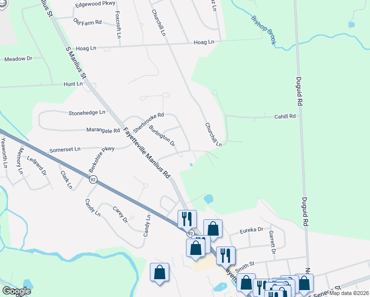 map of restaurants, bars, coffee shops, grocery stores, and more near 307 Sherbrooke Road in Manlius