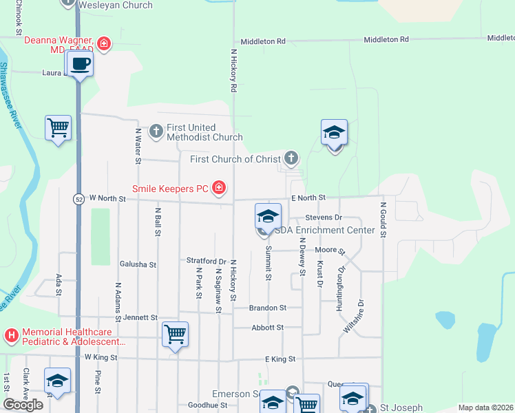 map of restaurants, bars, coffee shops, grocery stores, and more near 501 East North Street in Owosso