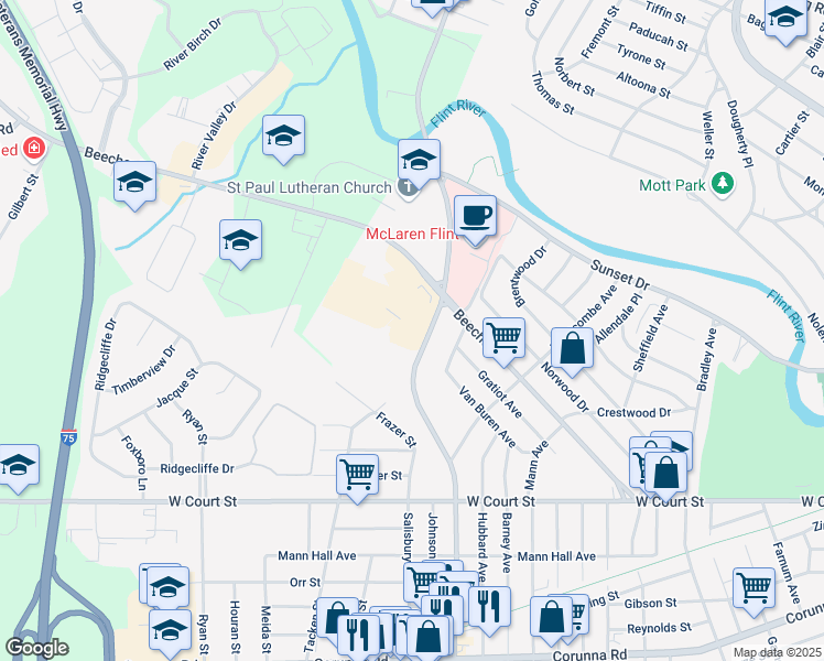 map of restaurants, bars, coffee shops, grocery stores, and more near 700 South Ballenger Highway in Flint