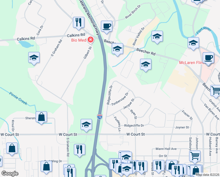 map of restaurants, bars, coffee shops, grocery stores, and more near 3541 Ridgecliffe Drive in Flint
