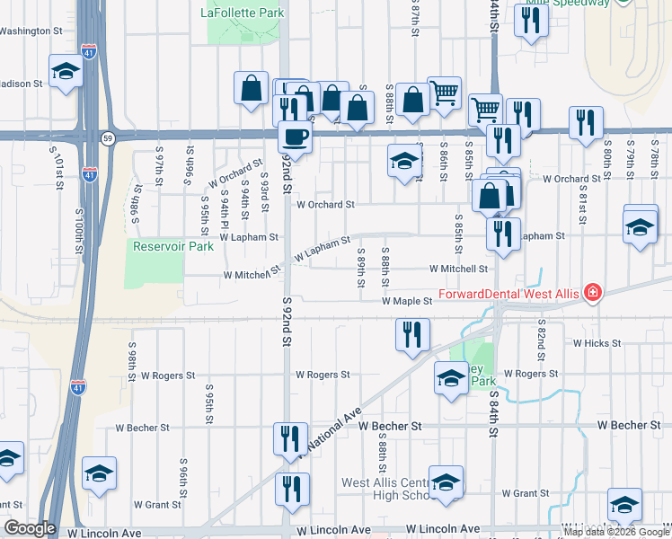 map of restaurants, bars, coffee shops, grocery stores, and more near W Mitchell St & S 90th St in West Allis