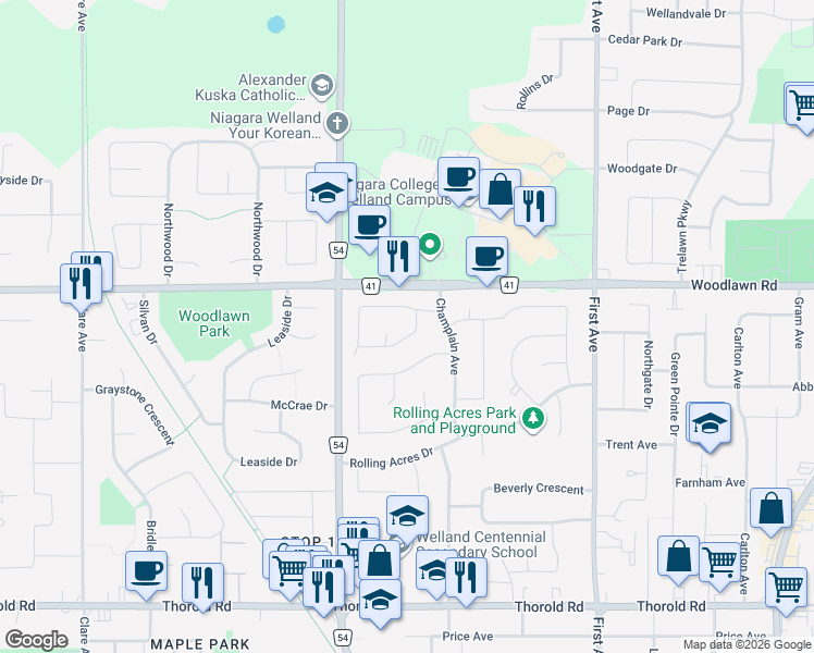 map of restaurants, bars, coffee shops, grocery stores, and more near 17 McGill Street in Welland