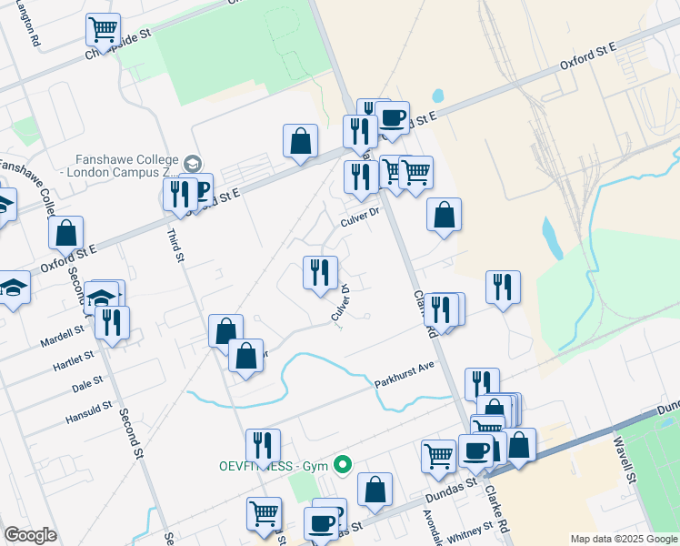map of restaurants, bars, coffee shops, grocery stores, and more near 1775 A Culver Drive in London
