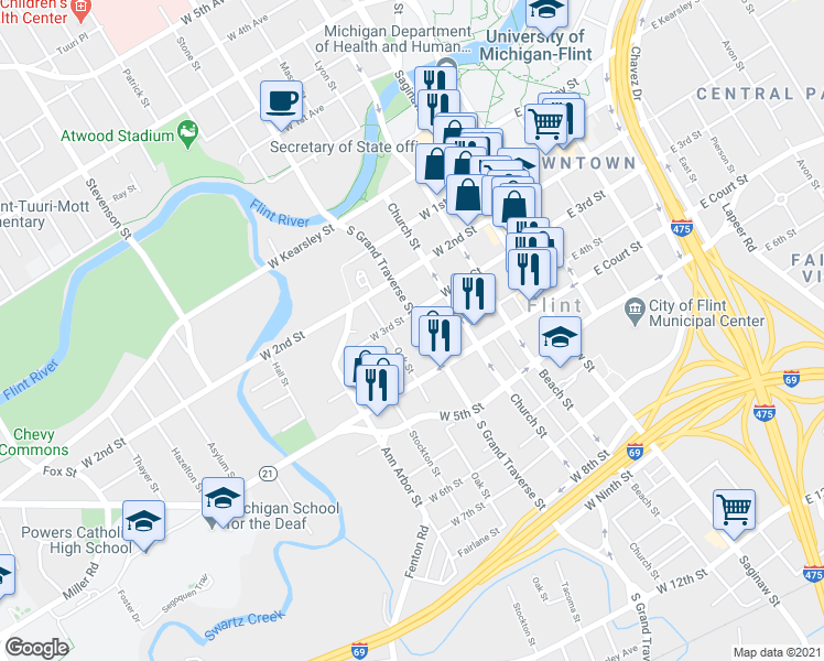 map of restaurants, bars, coffee shops, grocery stores, and more near 311 West 3rd Street in Flint