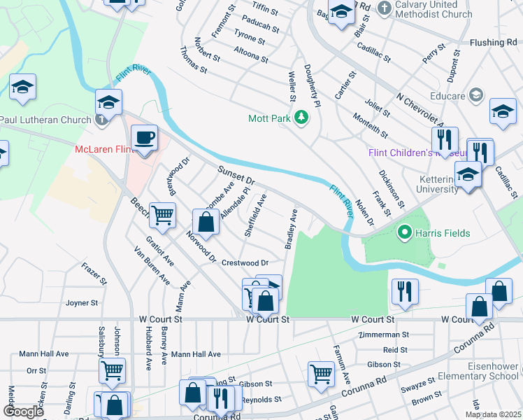 map of restaurants, bars, coffee shops, grocery stores, and more near 308 Sheffield Avenue in Flint
