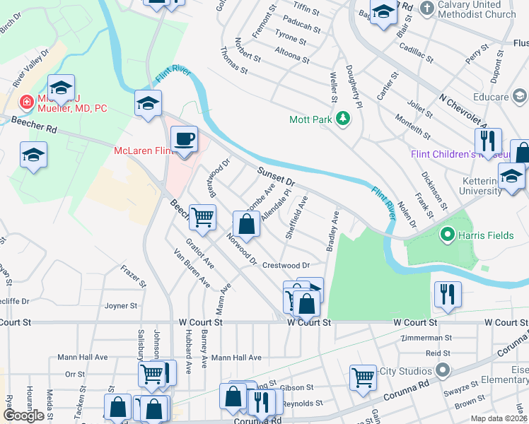 map of restaurants, bars, coffee shops, grocery stores, and more near 326 Allendale Place in Flint