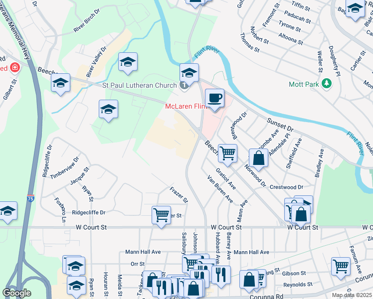 map of restaurants, bars, coffee shops, grocery stores, and more near 502 South Ballenger Highway in Flint