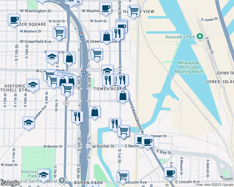map of restaurants, bars, coffee shops, grocery stores, and more near 140 West Mitchell Street in Milwaukee