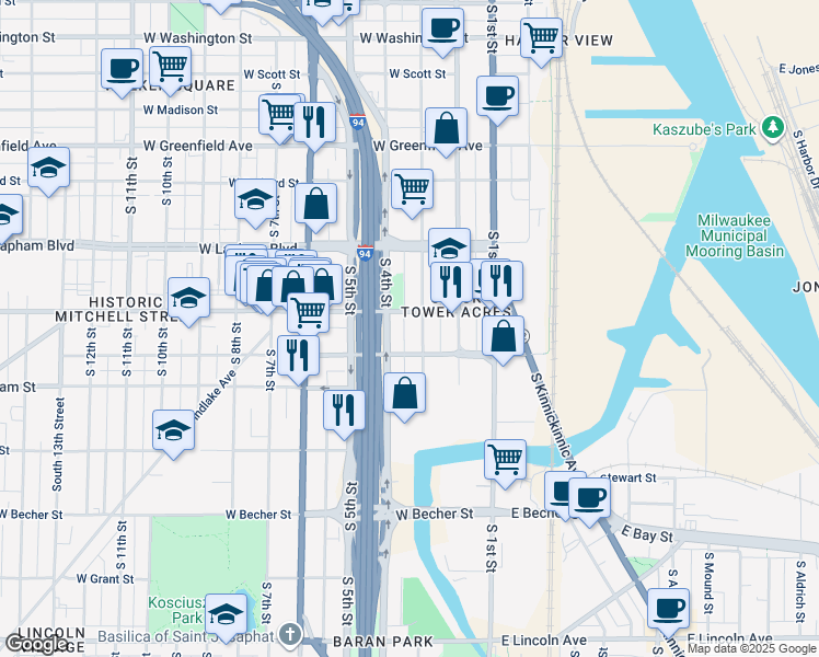 map of restaurants, bars, coffee shops, grocery stores, and more near in Milwaukee