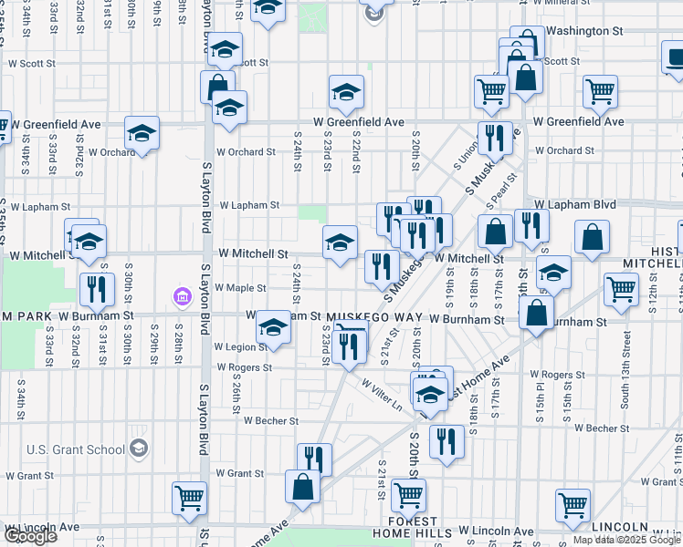 map of restaurants, bars, coffee shops, grocery stores, and more near 2236 West Mitchell Street in Milwaukee