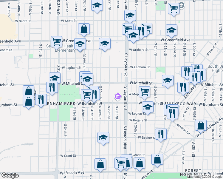 map of restaurants, bars, coffee shops, grocery stores, and more near 1669 South 28th Street in Milwaukee