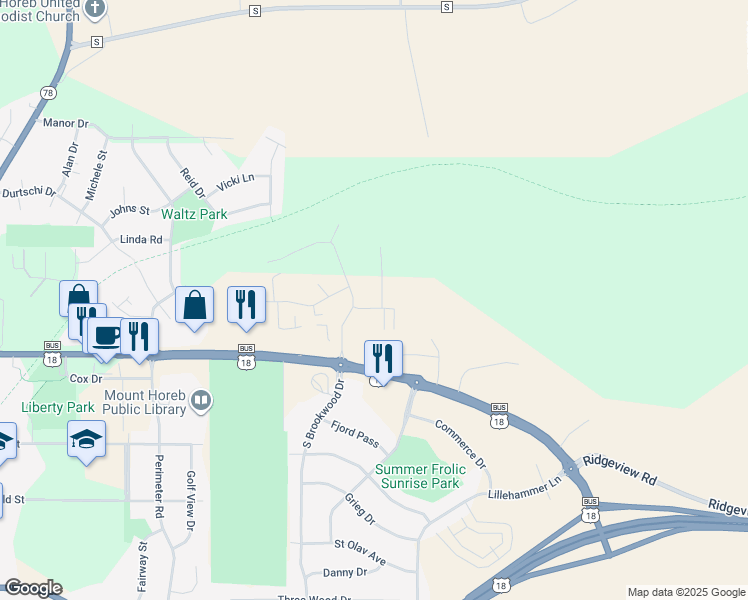 map of restaurants, bars, coffee shops, grocery stores, and more near 333 Shenandoah Way in Mount Horeb