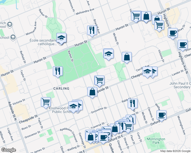 map of restaurants, bars, coffee shops, grocery stores, and more near 205 Boullee Street in London