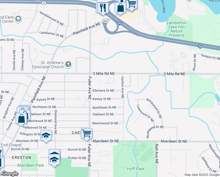 map of restaurants, bars, coffee shops, grocery stores, and more near 1300 3 Mile Road Northeast in Grand Rapids