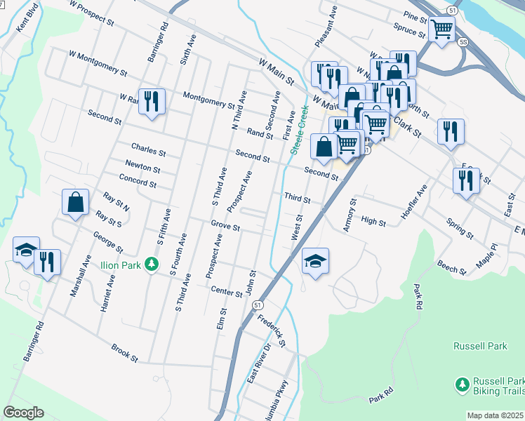 map of restaurants, bars, coffee shops, grocery stores, and more near 42 John Street in Ilion