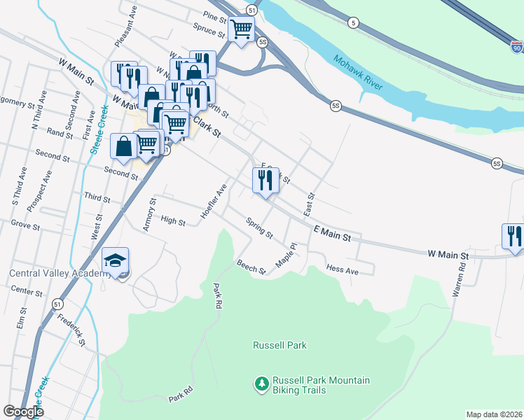 map of restaurants, bars, coffee shops, grocery stores, and more near 157 East Main Street in Ilion