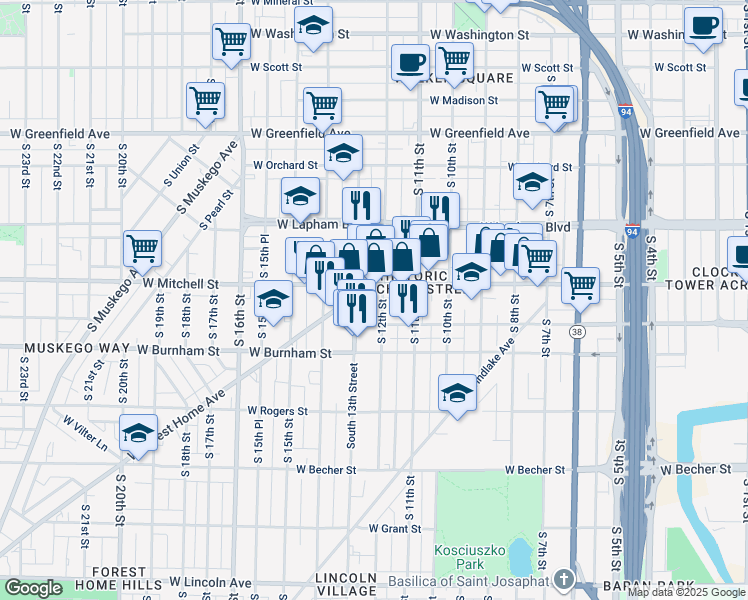 map of restaurants, bars, coffee shops, grocery stores, and more near in Milwaukee