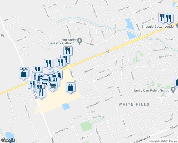 map of restaurants, bars, coffee shops, grocery stores, and more near 668 Freeport Street in London