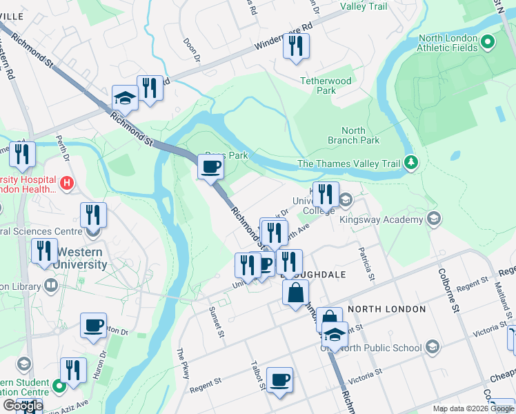 map of restaurants, bars, coffee shops, grocery stores, and more near 215 Bernard Avenue in London