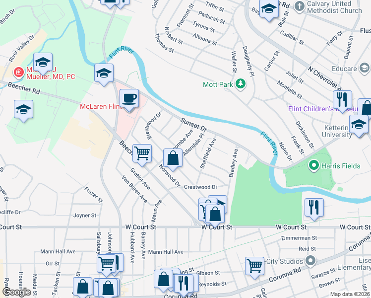 map of restaurants, bars, coffee shops, grocery stores, and more near 326 Allendale Place in Flint