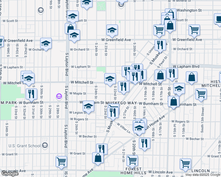 map of restaurants, bars, coffee shops, grocery stores, and more near 1728 South 23rd Street in Milwaukee