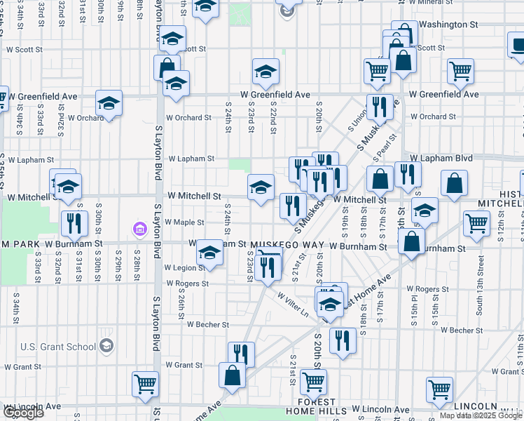 map of restaurants, bars, coffee shops, grocery stores, and more near 1728 South 23rd Street in Milwaukee