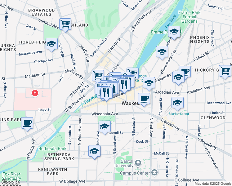 map of restaurants, bars, coffee shops, grocery stores, and more near 292 West Main Street in Waukesha
