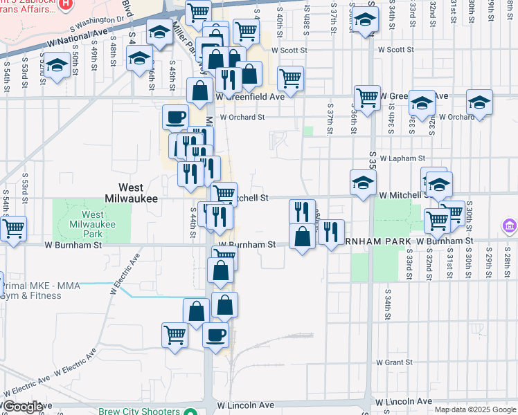 map of restaurants, bars, coffee shops, grocery stores, and more near 4111 West Mitchell Street in Milwaukee
