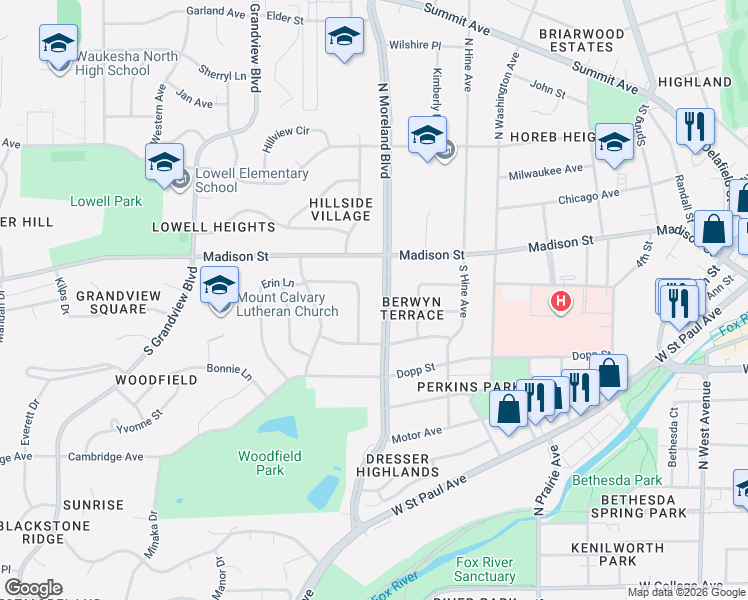 map of restaurants, bars, coffee shops, grocery stores, and more near 1437 Erin Lane in Waukesha