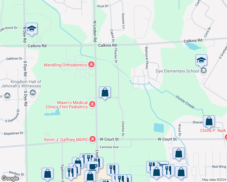 map of restaurants, bars, coffee shops, grocery stores, and more near 1170 Charter Drive in Flint