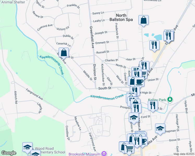 map of restaurants, bars, coffee shops, grocery stores, and more near 45 Knickerbocker Street in Ballston Spa