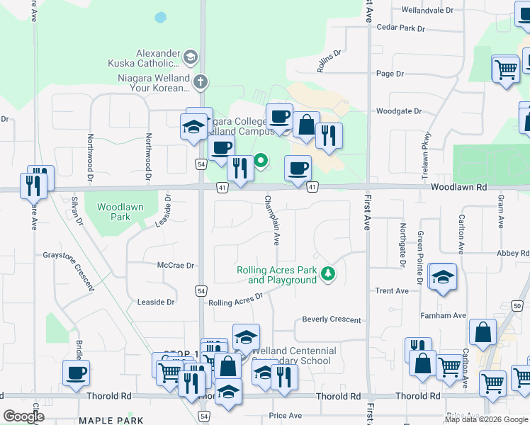 map of restaurants, bars, coffee shops, grocery stores, and more near 75 Champlain Avenue in Welland