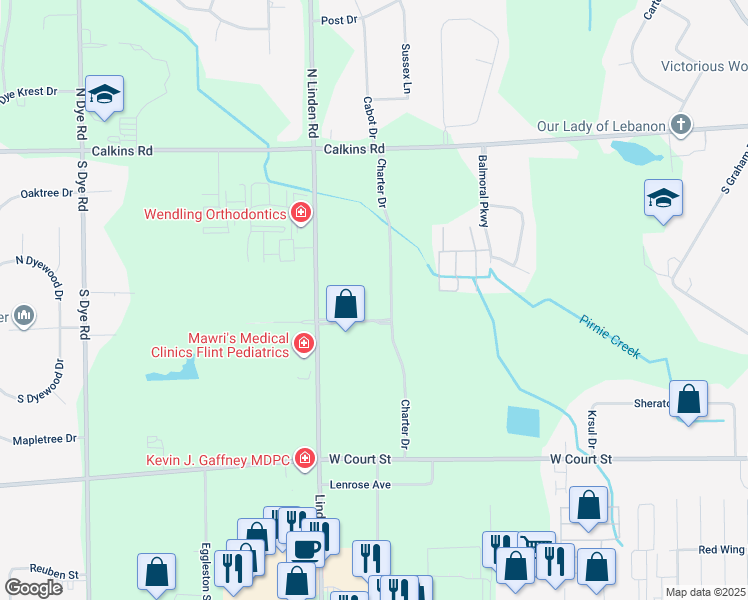 map of restaurants, bars, coffee shops, grocery stores, and more near 1170 Charter Drive in Flint