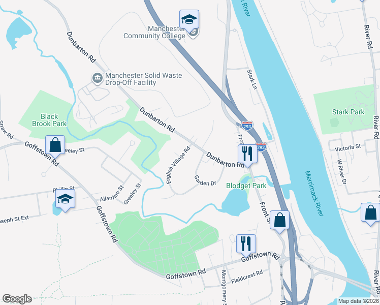 map of restaurants, bars, coffee shops, grocery stores, and more near 233 Dunbarton Road in Manchester
