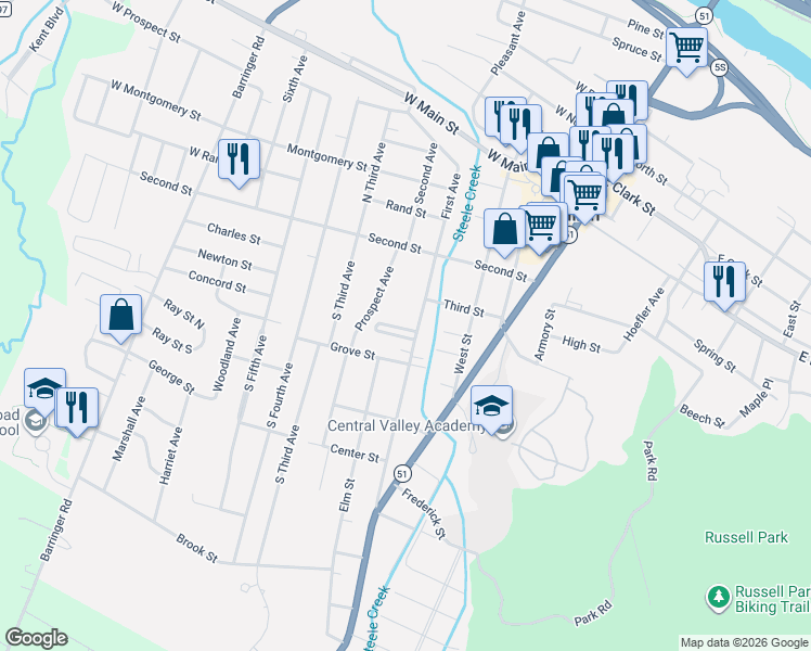 map of restaurants, bars, coffee shops, grocery stores, and more near 2 Hillside Place in Ilion