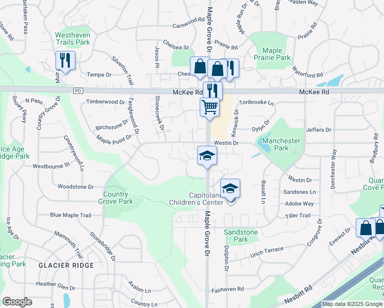 map of restaurants, bars, coffee shops, grocery stores, and more near 6760 Pima Drive in Madison