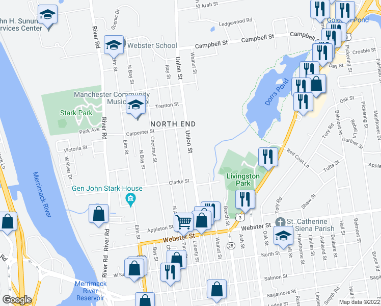 map of restaurants, bars, coffee shops, grocery stores, and more near 1014 Union Street in Manchester