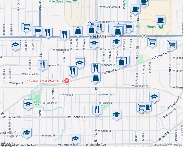 map of restaurants, bars, coffee shops, grocery stores, and more near 1620 South 77th Street in West Allis