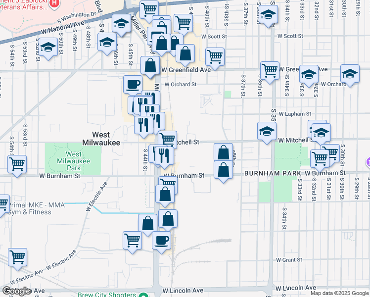 map of restaurants, bars, coffee shops, grocery stores, and more near 4111 West Mitchell Street in Milwaukee