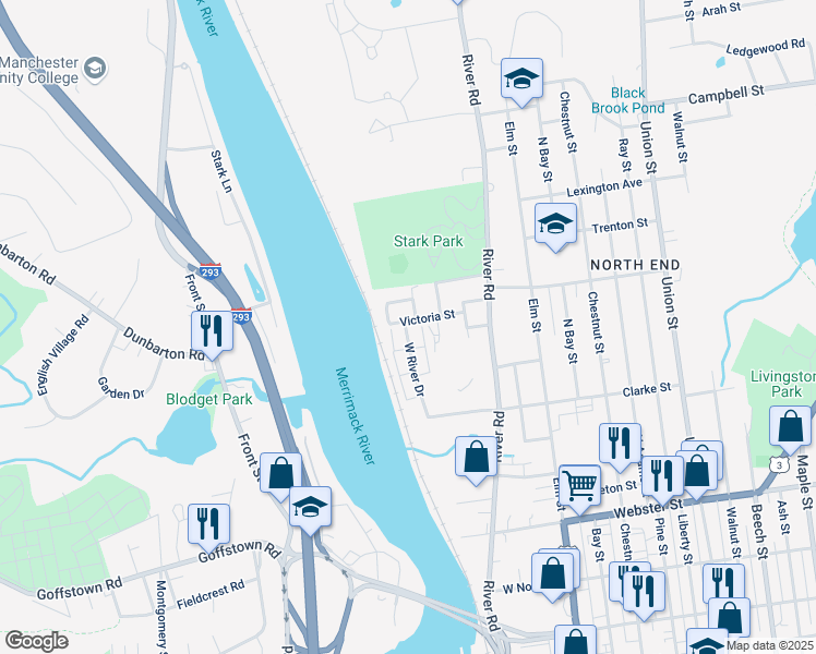 map of restaurants, bars, coffee shops, grocery stores, and more near 13 Park Place Condominiums in Manchester