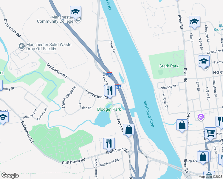 map of restaurants, bars, coffee shops, grocery stores, and more near 647 Front Street in Manchester