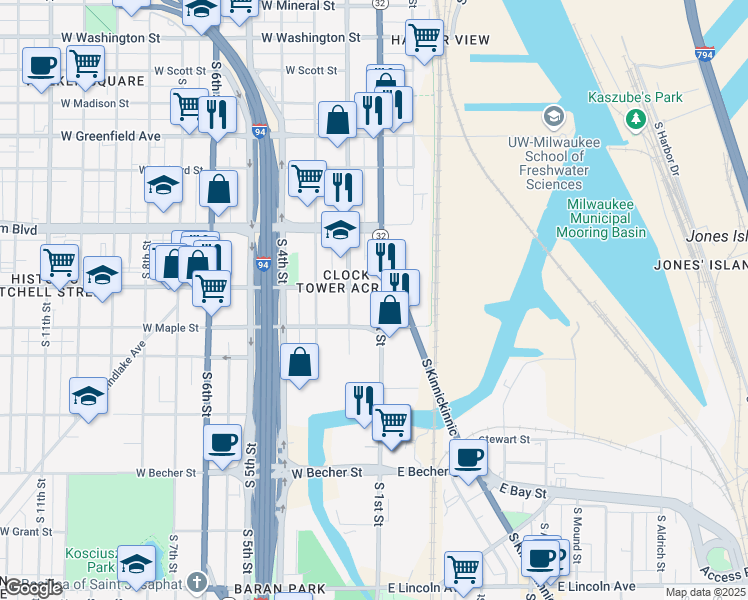 map of restaurants, bars, coffee shops, grocery stores, and more near 140 West Mitchell Street in Milwaukee
