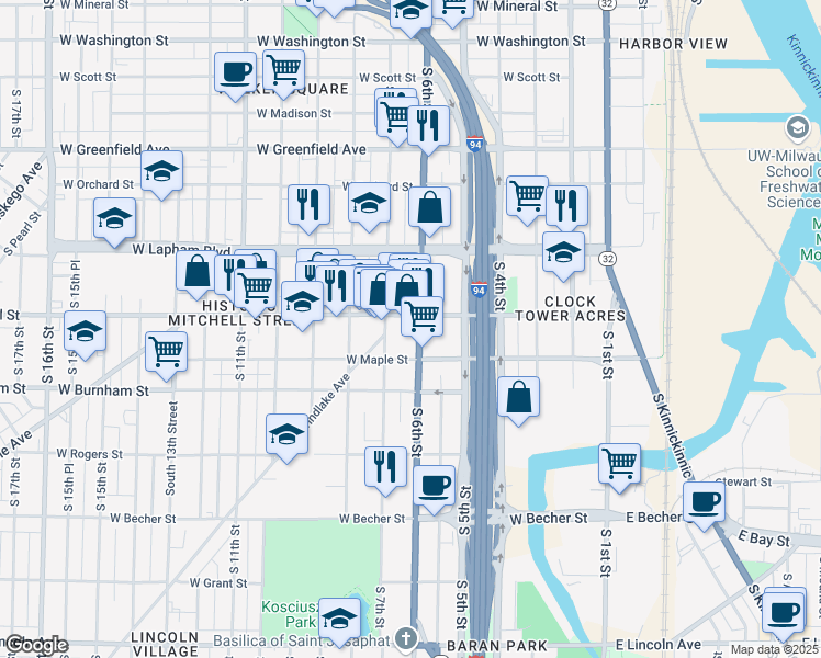map of restaurants, bars, coffee shops, grocery stores, and more near 628 West Historic Mitchell Street in Milwaukee