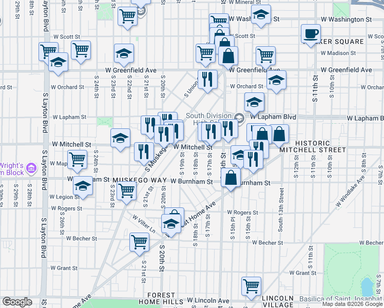 map of restaurants, bars, coffee shops, grocery stores, and more near 1816 West Mitchell Street in Milwaukee