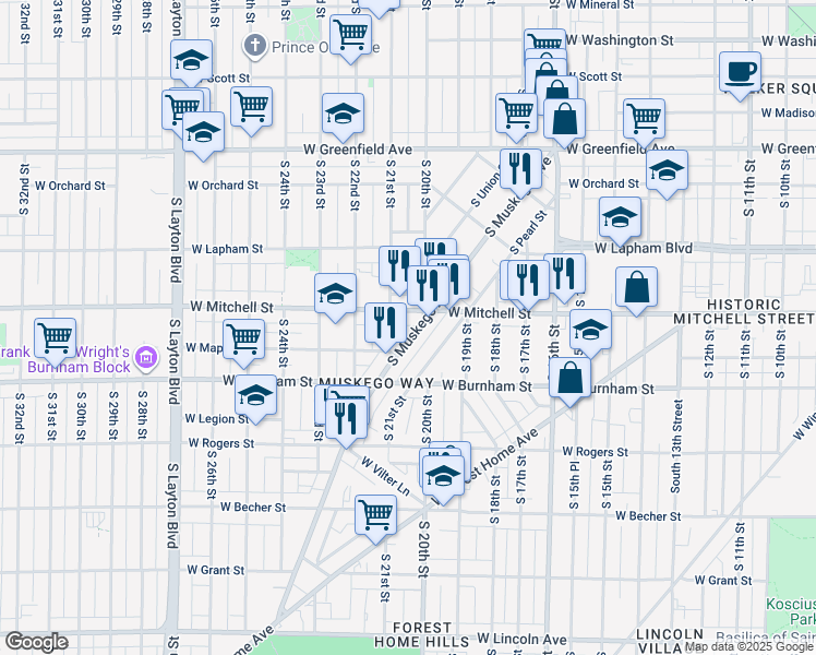 map of restaurants, bars, coffee shops, grocery stores, and more near 2020 West Mitchell Street in Milwaukee