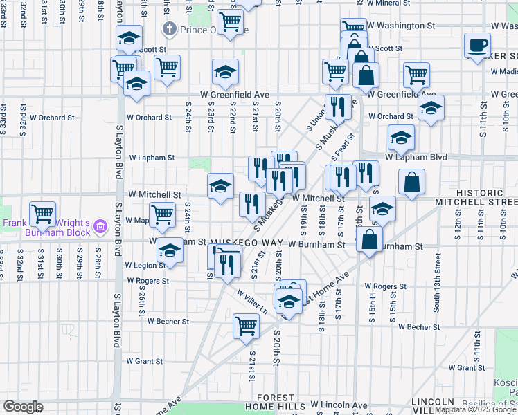 map of restaurants, bars, coffee shops, grocery stores, and more near 2020 West Mitchell Street in Milwaukee