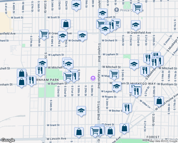 map of restaurants, bars, coffee shops, grocery stores, and more near 1669 South 28th Street in Milwaukee